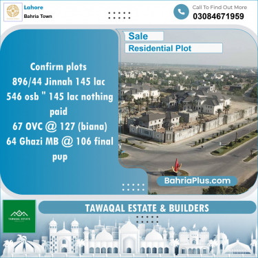 Residential Plot for Sale in Sector E - Jinnah Block -  Bahria Town, Lahore - (BP-148546)