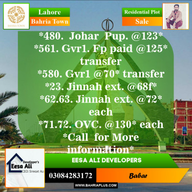 Residential Plot for Sale in Sector E - Johar Block -  Bahria Town, Lahore - (BP-148864)