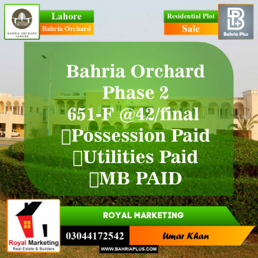 Residential Plot for Sale in Phase 2 - F Block -  Bahria Orchard, Lahore - (BP-149870)