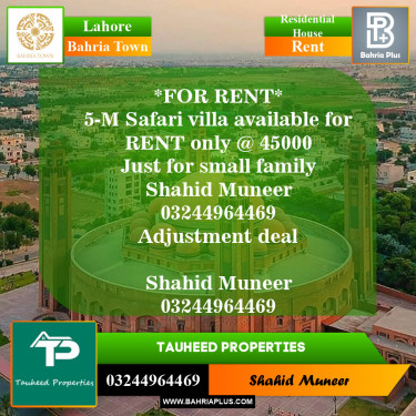 Residential House for Rent in Sector B - Safari Villas -  Bahria Town, Lahore - (BP-151002)