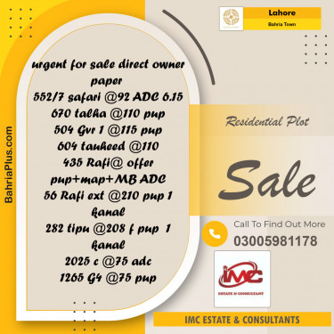 Residential Plot for Sale in Sector B - Safari Villas -  Bahria Town, Lahore - (BP-152622)