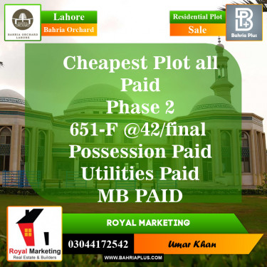 Residential Plot for Sale in Bahria Orchard, Lahore - (BP-153226)
