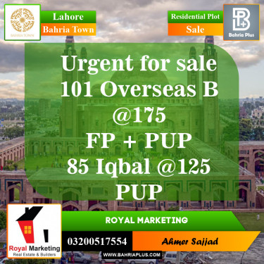 Residential Plot for Sale in Overseas B -  Bahria Town, Lahore - (BP-153520)