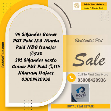 Residential Plot for Sale in Sector F - Sikander Block -  Bahria Town, Lahore - (BP-153574)