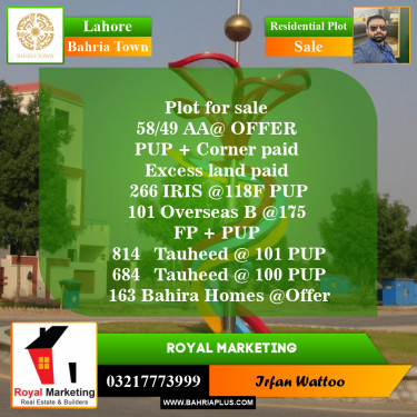 Residential Plot for Sale in Sector D - AA Block -  Bahria Town, Lahore - (BP-153810)
