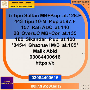 Residential Plot for Sale in Sector F - Tipu Sultan Block -  Bahria Town, Lahore - (BP-153955)