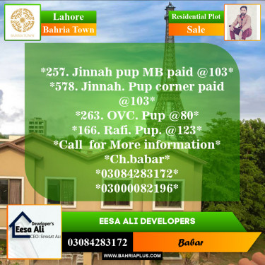 Residential Plot for Sale in Sector E - Jinnah Block -  Bahria Town, Lahore - (BP-154279)
