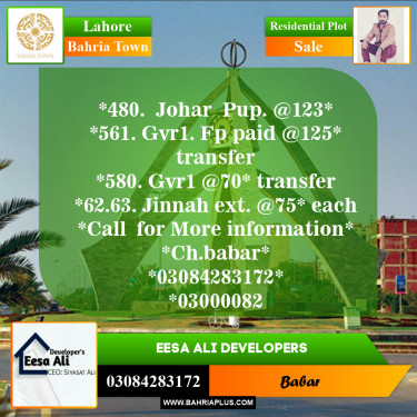 Residential Plot for Sale in Sector E - Johar Block -  Bahria Town, Lahore - (BP-154285)