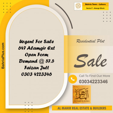 Residential Plot for Sale in Sector F - Alamgir Block -  Bahria Town, Lahore - (BP-154515)