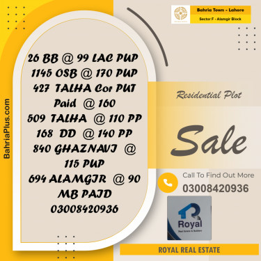 Residential Plot for Sale in Sector F - Alamgir Block -  Bahria Town, Lahore - (BP-155174)