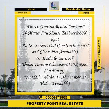 Residential House for Rent in Sector B - Takbeer Block -  Bahria Town, Lahore - (BP-155391)
