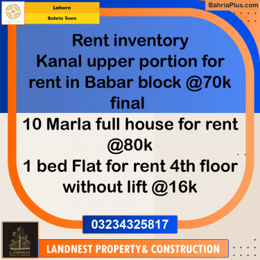 Residential House for Rent in Bahria Town, Lahore - (BP-155512)