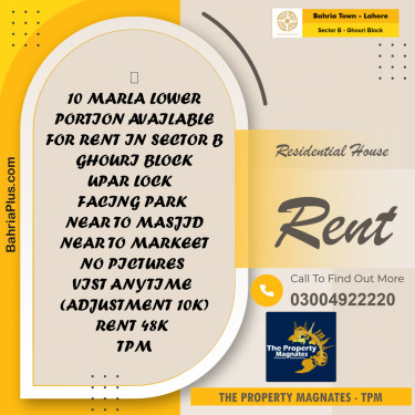 Residential House for Rent in Sector B - Ghouri Block -  Bahria Town, Lahore - (BP-155703)