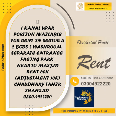 Residential House for Rent in Sector A - Babar Block -  Bahria Town, Lahore - (BP-155731)