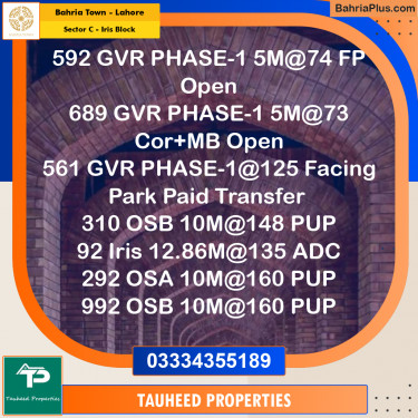 Residential Plot for Sale in Sector C - Iris Block -  Bahria Town, Lahore - (BP-155927)