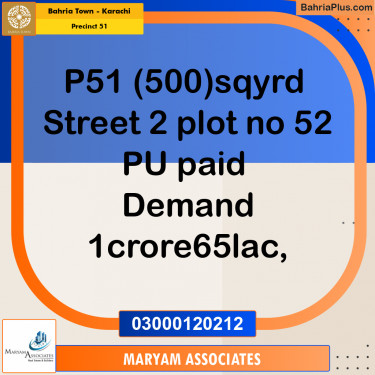 500 Sq. Yards Residential Plot for Sale in Precinct 51 -  Bahria Town, Karachi - (BP-156132)