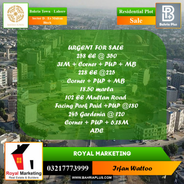 Residential Plot for Sale in Sector D - EE Multan Block -  Bahria Town, Lahore - (BP-156225)