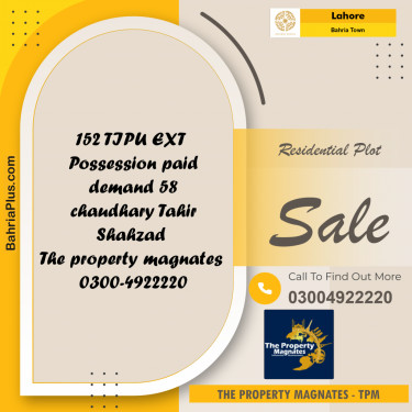 Residential Plot for Sale in Sector F - Tipu Sultan Ext. -  Bahria Town, Lahore - (BP-156401)