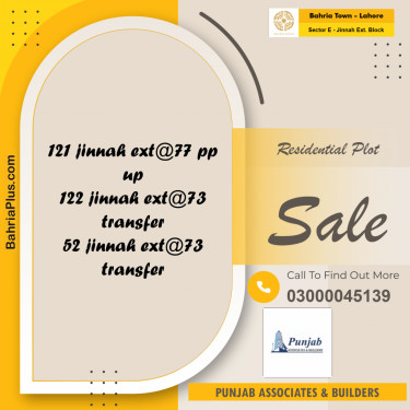 Residential Plot for Sale in Sector E - Jinnah Ext. Block -  Bahria Town, Lahore - (BP-156733)