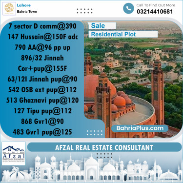 Residential Plot for Sale in Sector C - Nargis/Hussain Block -  Bahria Town, Lahore - (BP-157248)