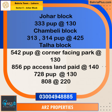 Residential Plot for Sale in Sector E - Johar Block -  Bahria Town, Lahore - (BP-157259)