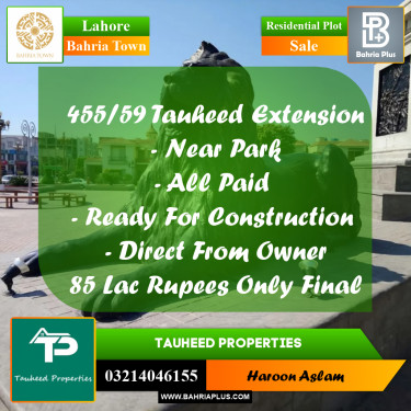 Residential Plot for Sale in Sector F - Tauheed Block -  Bahria Town, Lahore - (BP-157362)