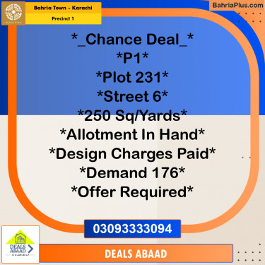 250 Sq. Yards Residential Plot for Sale in Precinct 1 -  Bahria Town, Karachi - (BP-157396)