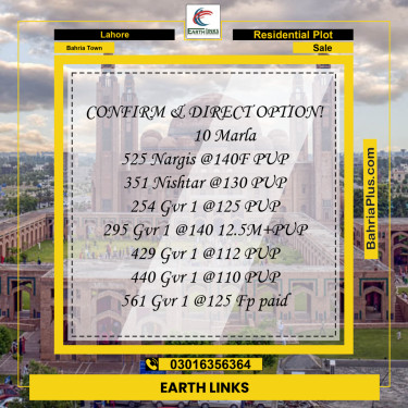 Residential Plot for Sale in Sector C - Nargis/Hussain Block -  Bahria Town, Lahore - (BP-158040)