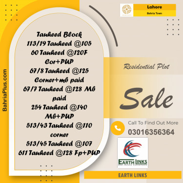 Residential Plot for Sale in Sector F - Tauheed Block -  Bahria Town, Lahore - (BP-158042)