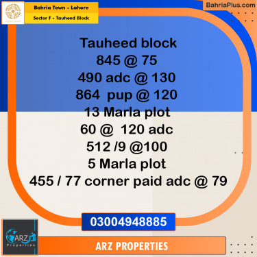 Residential Plot for Sale in Sector F - Tauheed Block -  Bahria Town, Lahore - (BP-158193)