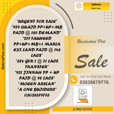 Residential Plot for Sale in Sector E - Quaid Block -  Bahria Town, Lahore - (BP-158353)