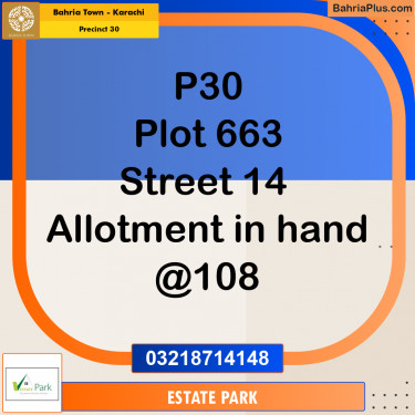 250 Sq. Yards Residential Plot for Sale in Precinct 30 -  Bahria Town, Karachi - (BP-158568)