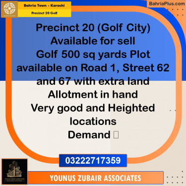 500 Sq. Yards Residential Plot for Sale in Precinct 20 Golf -  Bahria Town, Karachi - (BP-158579)