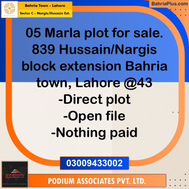 Residential Plot for Sale in Sector C - Nargis/Hussain Ext. -  Bahria Town, Lahore - (BP-158595)