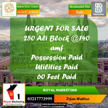 Residential Plot for Sale in Sector B - Ali Block -  Bahria Town, Lahore - (BP-158613)