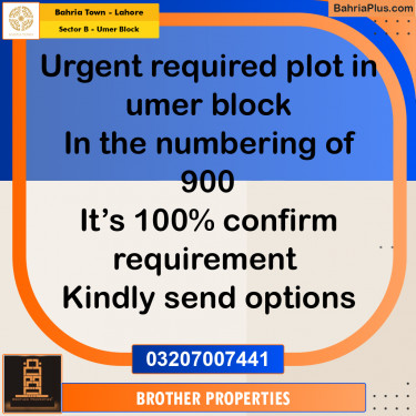 Residential Plot for Sale in Sector B - Umer Block -  Bahria Town, Lahore - (BP-158669)