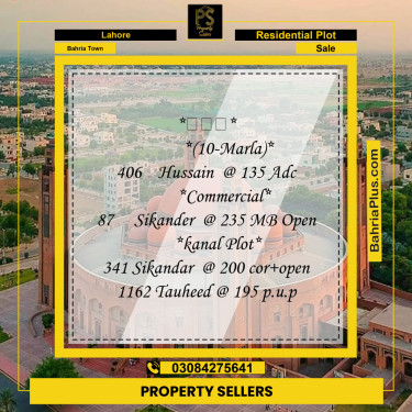 Residential Plot for Sale in Sector C - Nargis/Hussain Block -  Bahria Town, Lahore - (BP-158968)