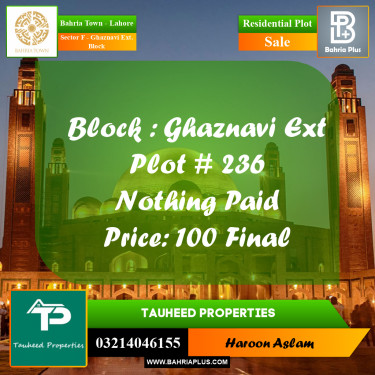 Residential Plot for Sale in Sector F - Ghaznavi Ext. Block -  Bahria Town, Lahore - (BP-159243)