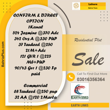 Residential Plot for Sale in Sector C - Jasmine Block -  Bahria Town, Lahore - (BP-159437)