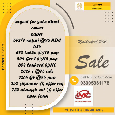 Residential Plot for Sale in Sector B - Safari Villas -  Bahria Town, Lahore - (BP-159975)