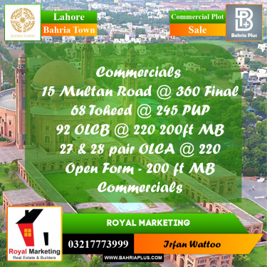Commercial Plot for Sale in Sector D - EE Multan Block -  Bahria Town, Lahore - (BP-160159)