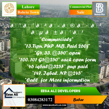 Commercial Plot for Sale in Sector F - Tipu Commercial -  Bahria Town, Lahore - (BP-160212)
