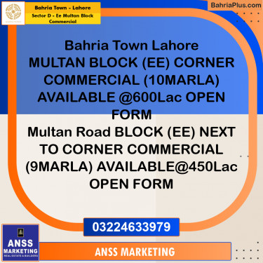 Commercial Plot for Sale in Sector D - EE Multan Block Commercial -  Bahria Town, Lahore - (BP-160297)