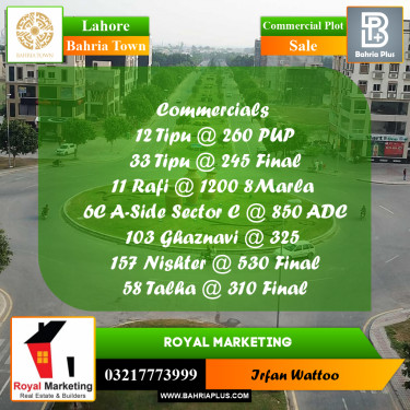Commercial Plot for Sale in Sector F - Tipu Commercial -  Bahria Town, Lahore - (BP-160306)