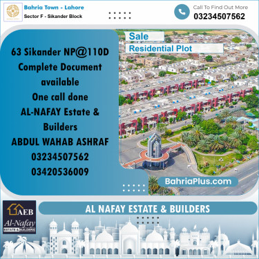Residential Plot for Sale in Sector F - Sikander Block -  Bahria Town, Lahore - (BP-160323)