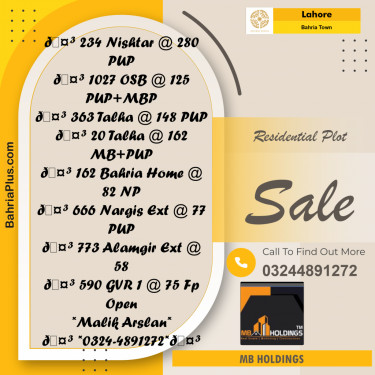 Residential Plot for Sale in Sector E - Nishtar Block -  Bahria Town, Lahore - (BP-160362)