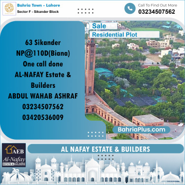 Residential Plot for Sale in Sector F - Sikander Block -  Bahria Town, Lahore - (BP-160576)