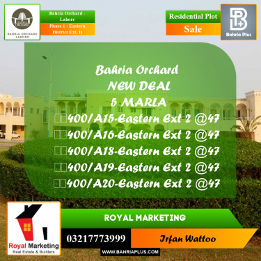 Residential Plot for Sale in Phase 1 - Eastern District Ext. II -  Bahria Orchard, Lahore - (BP-160664)