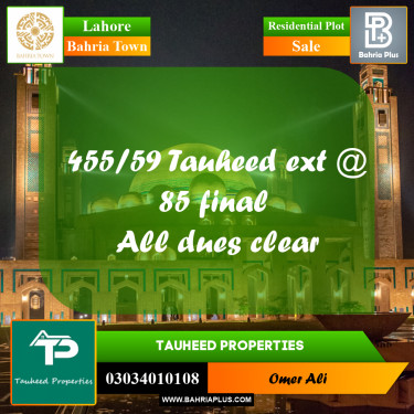 Residential Plot for Sale in Sector F - Tauheed Block -  Bahria Town, Lahore - (BP-160666)