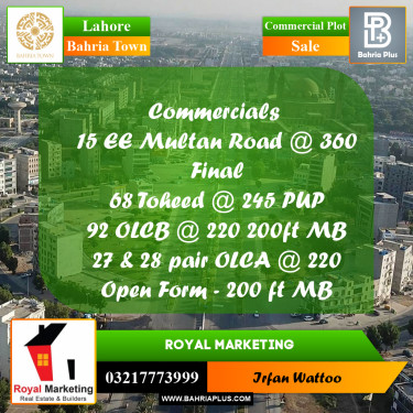 Commercial Plot for Sale in Sector D - EE Multan Block -  Bahria Town, Lahore - (BP-160930)